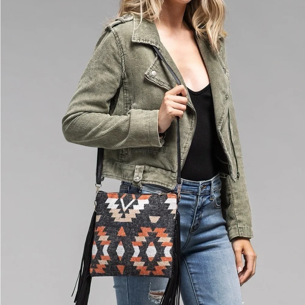 Western Print Faux Suede Fringe Crossbody Bag NWT